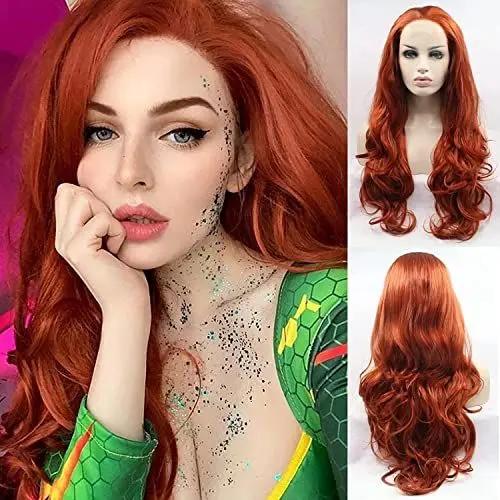 Produktbild: Ginger Lace-Front-Perücke aus Kupfer gelockt für Damen lang gewellt Kastanienbraun Orange Echthaar Drag Kunsthaar natürlicher Haaransatz