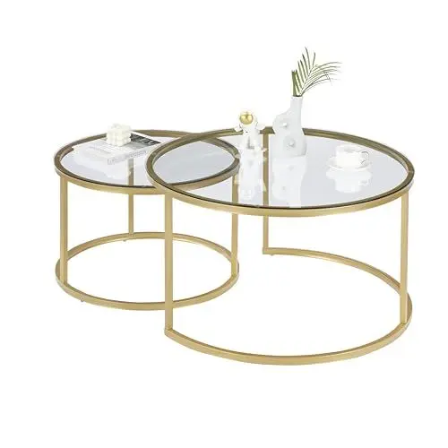 Produktbild: Ginhow Couchtisch Glas 2er Set Satztische fürs Wohnzimmer ø 80 Groß + ø 60 klein Tisch Rund Glas und Gold Stahl Gestell Coffee Table