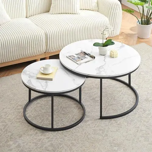 Produktbild: Ginhow Couchtisch Marmor Optik | Satztische fürs Wohnzimmer | ø 80 + 60 Groß Tisch Rund | MDF Coffee Table | Weiß Marmoroptik und Schwarz Stahl Gestell