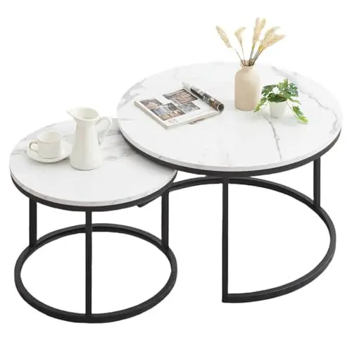 Produktbild: Ginhow Marmor Optik Couchtisch Runder Schwarz - 2er Set Satztisch, Modern Wohnzimmertisch und Beistelltisch für Wohnzimmer, Ø80x45H cm & Ф60 x35H cm (Weiß und Schwarz)