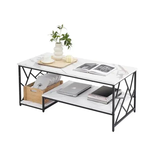 Produktbild: Ginhow Couchtisch 110x50 cm - Weißer Wohnzimmertisch mit Split-Level-Speicher, MDF Marmoroptik Sofa Tische, Schwarz Metall Moderner Kaffetisch fürs Wohnzimmer