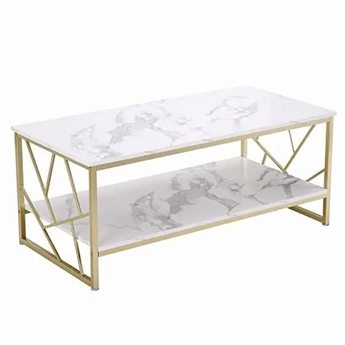 Produktbild: Ginhow Couchtisch 110x50 cm - Weißer Wohnzimmertisch mit Stauraum, MDF Marmoroptik Sofa Tische, Moderner Kaffetisch fürs Wohnzimmer