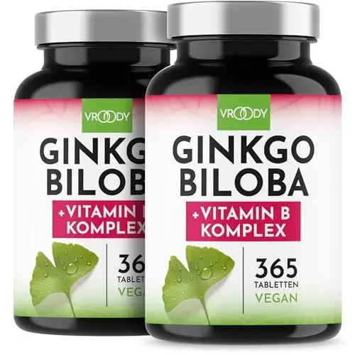 Produktbild: Ginkgo Biloba 3000, 2x 365 Stück - Preis-Leistungs-Sieger + B-Vitamin Power Komplex, enthält 14,4 mg Flavonglykoside & 3,6 mg Ginkgolid - Ohne Zusätze, Laborgeprüft, made with love in Austria