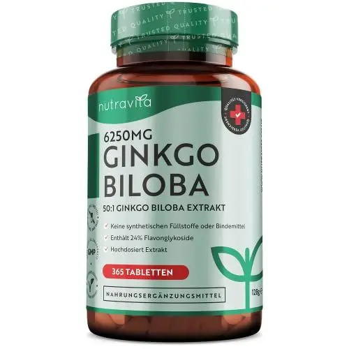 Produktbild: Ginkgo Biloba 6250 mg - 365 vegan Tabletten für 1 Jahr - Hochdosiert und premium Qualität Gingko - Ginko Extrakt hochkonzentriert - Extrakt 50:1 - Enthält 24% Flavonoglykoside - Nutravita