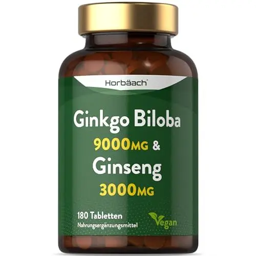 Produktbild: Ginkgo Biloba und Ginseng 12.000mg Tabletten | Hochdosiert Ginkgo 9000mg & Koreanische Ginseng 3000 mg | 180 vegane Tabletten | Horbaach