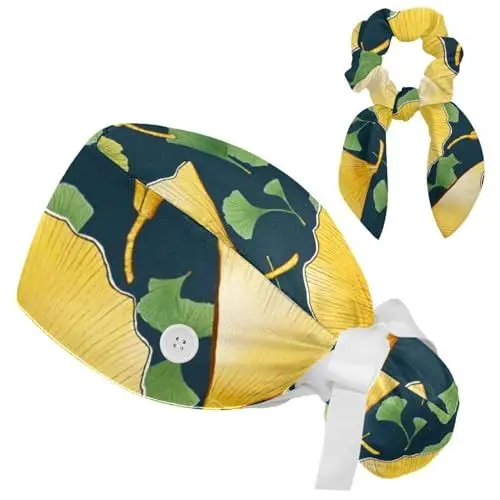 Produktbild: Ginkgo-Arbeitskappe mit Knöpfen und Schleife für Damen, Gelb und Grün, langes Haar, Gelber und grüner Ginkgo, Einheitsgröße