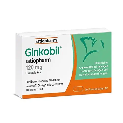 Produktbild: Ginkobil® ratiopharm 120 mg Filmtabletten stärken die Gedächtnisleistung und Konzentrationsleistung* mit dem Extrakt aus Ginkgo biloba, 30 Filmtabletten