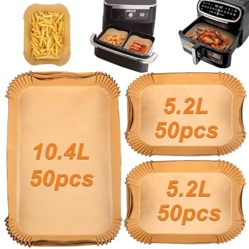 Produktbild: GINOYA Backpapier für Ninja Foodi Flexdrawer 10,4 l Heißluftfritteuse AF500EU, Fritteusen Zubehör für Cecotec 9000, Airfryer Zubehör für COSORI Dual Blaze TwinFry XXL 10L(150PCS)