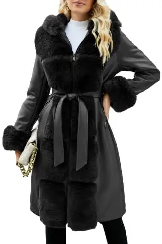 Produktbild: Giolshon Damen-Jacke mit Fellfutter aus Wildlederimitat, Kapuze und Pelzkragen dicker langer Mantel mit Gürtel 244 Schwarz XL