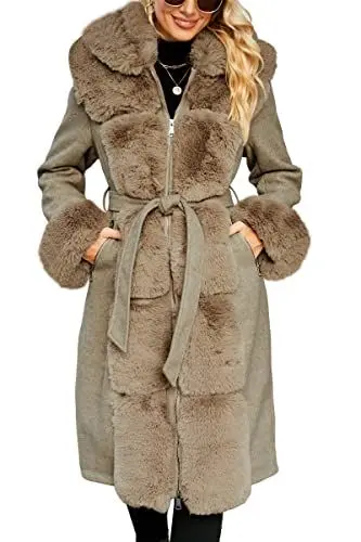 Produktbild: Giolshon Damen-Jacke mit Pelzfutter aus Wollmischung, Kapuze und Pelzkragen verdickter langer Trenchcoat mit Gürtel 244A Khaki M