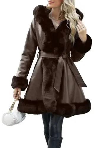 Produktbild: Giolshon Damen Faux Leder Pelz gefütterte Jacke mit Kapuze Verdicken Sie den Langen Parka Mantel mit Gürtel 242 Kaffee L