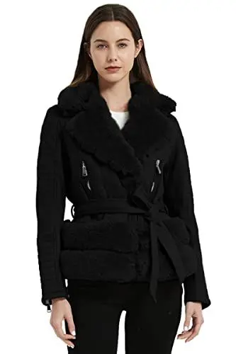 Produktbild: Giolshon Damen Faux Wildleder Lederjacke, Motorrad Kurzmantel mit Kunstpelzkragen Moto Biker PU Oberbekleidung mit Gürtel Herbst und Winter 8831A Schwarz L