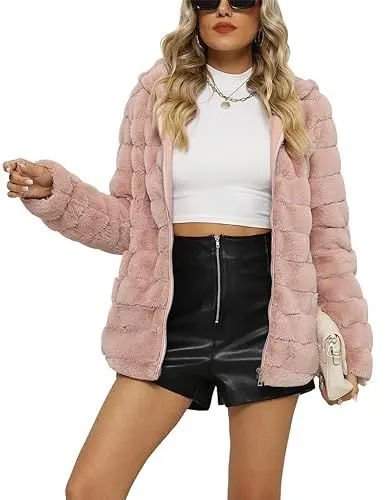 Produktbild: Giolshon Damen Fleecejacke Kunstfell Mantel Teddy Winterjacket mit Kapuze 1801 Rosa M