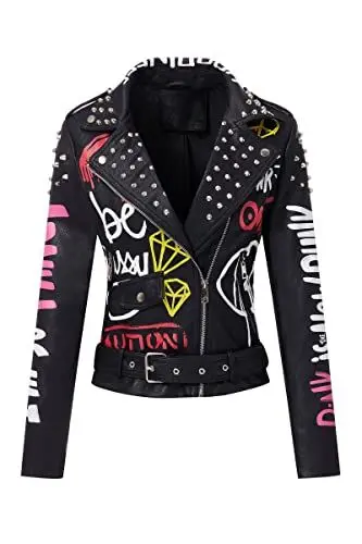 Produktbild: Giolshon Damen Kunstleder Jacke Nieten Floral Moto Biker Kurzer Revers Mantel 0480 Schwarz L