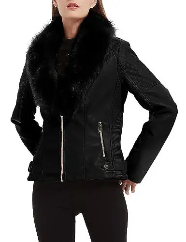 Produktbild: Giolshon Damen Kunstlederjacke Kurz Biker Mantel Winterjacket mit Abnehmbarem Kunstpelzkragen 9201 Schwarz M