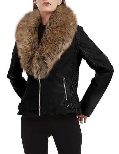 Produktbild: Giolshon Damen Kunstlederjacke Kurz Biker Mantel Winterjacket mit Abnehmbarem Kunstpelzkragen 9201 SchwarzGelb XXL