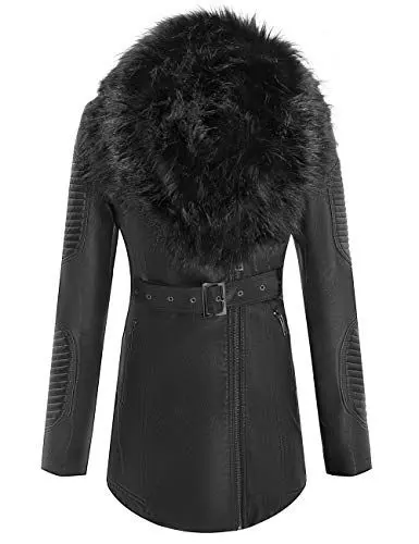 Produktbild: Giolshon Damen Kunstlederjacke Lang Moto Biker Wintermantel mit Pelzkragen 912 Schwarz M