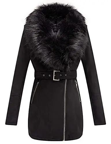 Produktbild: Giolshon Damen Kunstlederjacke Wildleder Lang Moto Biker Wintermantel mit Abnehmbarem Kunstpelzkragen 7922 Schwarz L