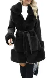Produktbild: Giolshon Damen Langer Kunstleder Pelzjacke mit Gürtel und Kapuze Motorrad Parka Dicker Sherpa Fleece Oberbekleidung 241 Schwarz L
