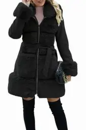 Produktbild: Giolshon Damen Langer Pelzjacke aus Kunstwollmischung mit Gürtel Gepolsterter Bubble Parka Mantel Isolierte Sherpa Fleece Oberbekleidung 241A Schwarz S