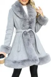 Produktbild: Giolshon Damen Langer Wollfleecejacke mit Kunstpelzkragen Isolierter Gepolsterter Bubble Parka Warmer Wintermantel mit Gürtel 242A Grau XL