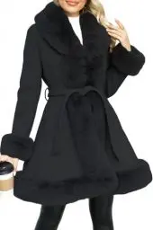 Produktbild: Giolshon Damen Langer Wollfleecejacke mit Kunstpelzkragen Isolierter Gepolsterter Bubble Parka Warmer Wintermantel mit Gürtel 242A Schwarz XXL