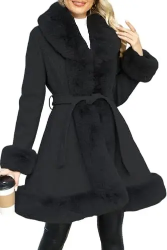 Produktbild: Giolshon Damen Langer Wollfleecejacke mit Kunstpelzkragen Isolierter Gepolsterter Bubble Parka Warmer Wintermantel mit Gürtel 242A Schwarz XXL