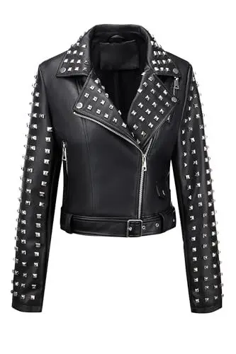Produktbild: Giolshon Damen Motorradjacke aus Lederimitat mit Nieten lässig kurz Moto-Biker-Mantel Herbst-Outfits modische Kleidung 2024 3221 Schwarz S