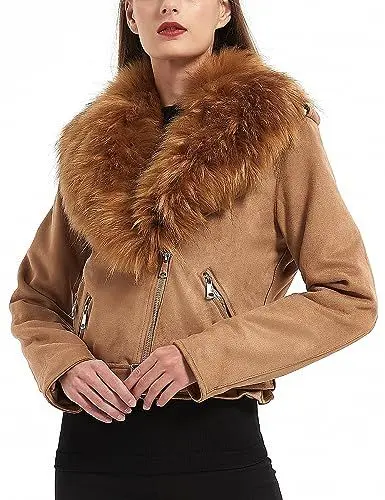 Produktbild: Giolshon Damen Wildleder Lederjacke kurz Motorradjacke mit Abnehmbarer Kunstpelzkragen 8830 Gelb L