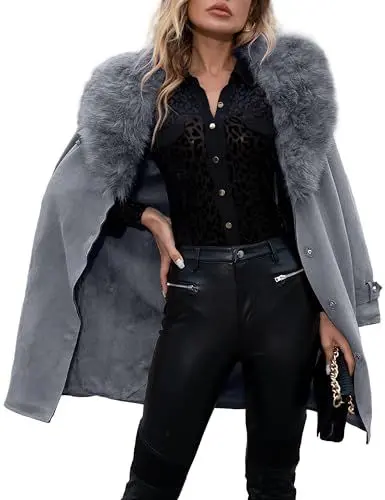Produktbild: Giolshon Damen Wildlederimitat Lederjacke Lang Strickjacke Mantel mit Kunstpelzkragen FF20 Grau M