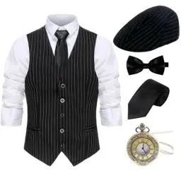 Produktbild: Gionforsy 20er Jahre Herren Weste Kostüm Zubehör Set mit Hut Weste Fliege Krawatte Taschenuhr Gangster Accessoires Set für Great Gatsby Mottoparty Halloween Karneval Fasching (Streifen Schwarz, XXL)