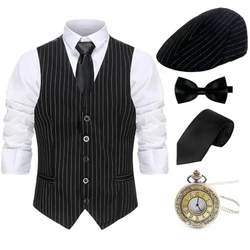 Produktbild: Gionforsy 20er Jahre Herren Weste Kostüm Zubehör Set mit Hut Weste Fliege Krawatte Taschenuhr Gangster Accessoires Set für Great Gatsby Mottoparty Halloween Karneval Fasching (Streifen Schwarz, XXL)