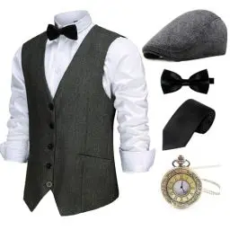 Produktbild: Gionforsy 20er Jahre Herren Wollartige Weste Kostüm Zubehör Set mit Hut Weste Fliege Krawatte Taschenuhr Gangster Accessoires Set für Great Gatsby Motto Party Halloween Karneval Fasching (Schwarz, L)