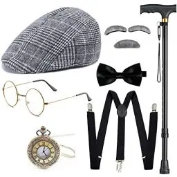Produktbild: Gionforsy 20er Jahre Kostüm Accessoires Set für Herren 1920s Gangster Zubehör Set mit Hut Brille Hosenträger Fliege Taschenuhr Stock Bart für Great Gatsby Party Halloween Karneval Fasching (Grau)