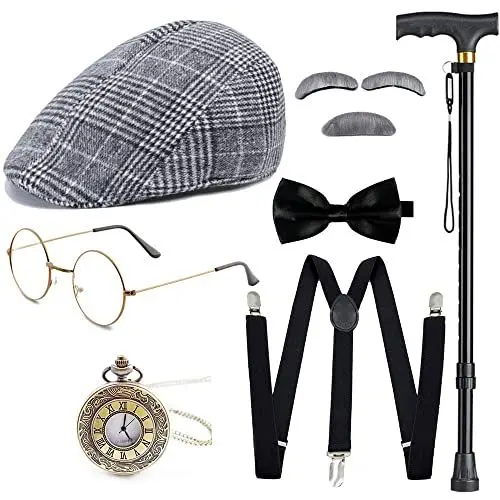 Produktbild: Gionforsy 20er Jahre Kostüm Accessoires Set für Herren 1920s Gangster Zubehör Set mit Hut Brille Hosenträger Fliege Taschenuhr Stock Bart für Great Gatsby Party Halloween Karneval Fasching (Grau)