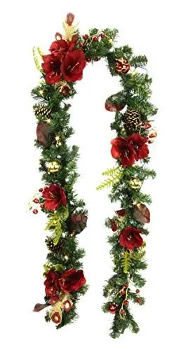 Produktbild: Girlande mit künstlichen Blumen Amaryllis Tanne Zapfen Beeren Blätter Feder Glitzer mit LED Beleuchtung batteriebetrieben Deko Weihnachten Treppe Kamin Möbel Wand Tür Innen X'Mas Weihnachtsgirlande