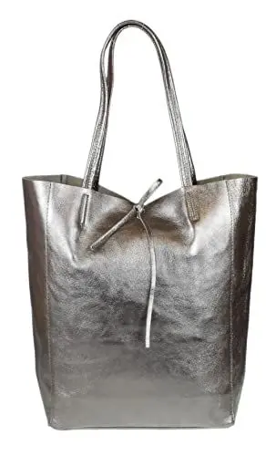 Produktbild: Girly Handbags Offene Handtasche aus echtem Leder Metallisches Platin