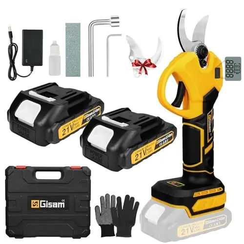 Produktbild: Gisam Akku Gartenschere, 40MM Elektrische Astschere mit 2 x 2Ah Batterien & LCD Display, Akku Rosenschere Unterstützt die Einstellung der Öffnung für Beschneiden von Hecken & Obstbäumen (Gelb)