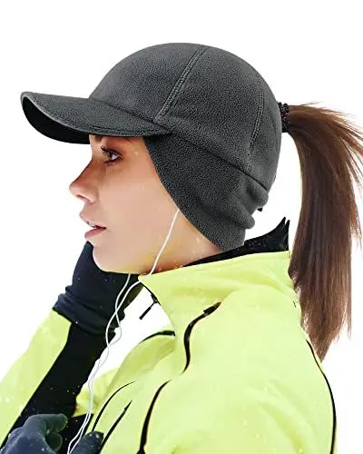 Produktbild: Gisdanchz Winter Basecap Damen Pferdeschwanz Mütze mit Ohrenklappen Laufen Cappy Frauen Kappe Schirmmütze Schildkappe WintermüTZE Damen Warm Women Baseball Cap Ponytail Hat, Dunkelgrau S/M