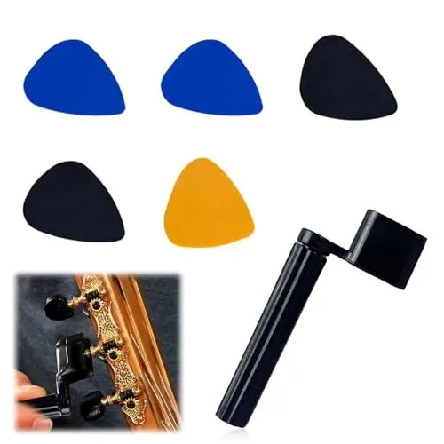 Produktbild: Gitarrensaitenwickler,Premium Saitenkurbel,Gitarren Saitenspindel 3-in-1 Saitenspindel für schnelleres Saiten wechseln,Gitarre Kurbel Gitarrensaitenwickler für Gitarre, Schwarz,5 Stück Guitar Picks