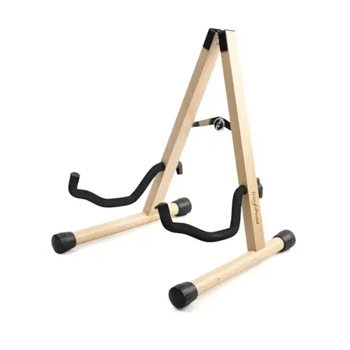 Produktbild: KingPoint Gitarrenständer aus Holz, Gitarrenbodenständer, akustische elektrische Holzrahmen, klappbarer Gitarrenhalter, verstellbar, für Bass, Mandoline, Banjo, Ukulele (natürliche Holzfarbe)
