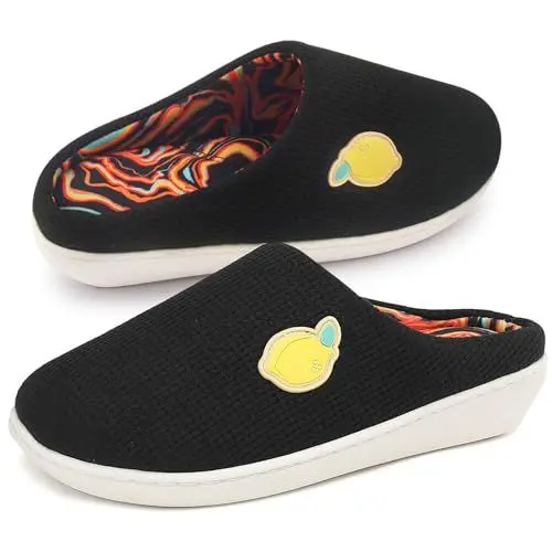 Produktbild: Git-up Keilpantoffeln für Damen mit Abstraktem Muster Unisex Memory Foam Bestickte Hausschuhe, Schuhe mit Dicken Absätzen, Schwarz 36