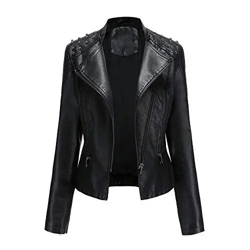 Produktbild: GITVIENAR Kunstlederjacke Damen, Bikerjacke mit Reißverschluss, Lederjacke mit Nieten, Reverskragen dünne Jacke für Frühling und Herbst