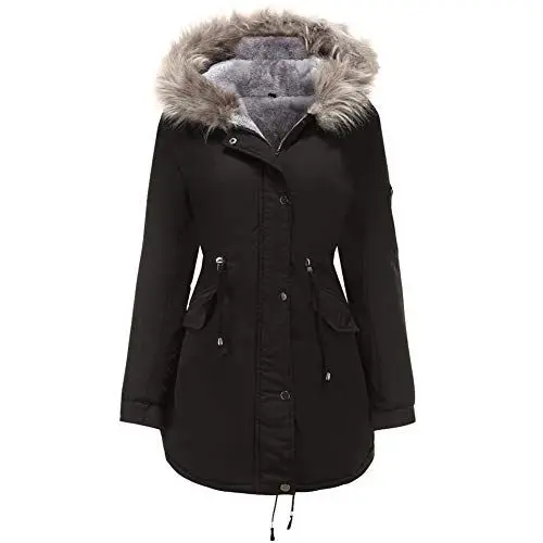 Produktbild: GITVIENAR Winterjacke Damen Mantel mit Kunstpelz Winterparka Übergangs Trenchcoat mit Kunstfell Kordelzug (Schwarz, XXL)