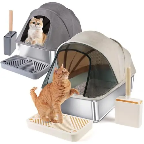 Produktbild: Givilio 2 Stück große(60*40*45H cm) Edelstahl-Katzentoilette mit Deckel, extra große Jumbo-Metall-Katzentoilette für große Katzen, Katzentoilette inklusive Streuschaufel, Schaufelhalter, Fußpolster,