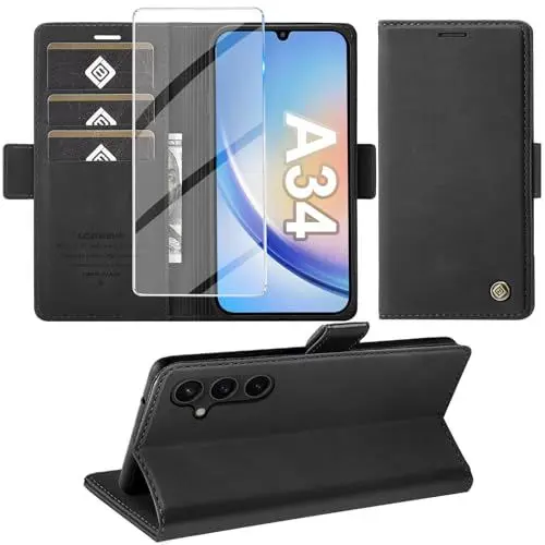 Produktbild: Giyer Handyhülle für Samsung Galaxy A34 5G Hülle mit Schutzfolie, Standfunktion Kartenfach Wallet Premium Leder Schutzhülle Samsung A34 5G Flip Case Cover Klapphülle Galaxy A34 6.6 Zoll (Schwarz)