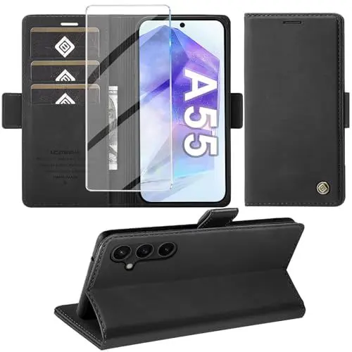 Produktbild: Giyer Handyhülle für Samsung Galaxy A55 5G Hülle mit Schutzfolie, Schutzhülle Galaxy A55 PU Leder Wallet Flip Case Standfunktion Kartenfach Klapphülle für Samsung A55 5G Full Cover (Schwarz)