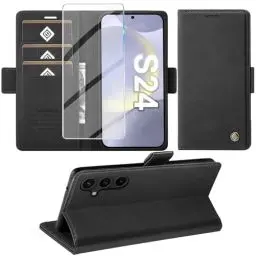 Produktbild: Giyer Handyhülle für Samsung Galaxy S24 5G Hülle mit Schutzfolie, Schutzhülle Galaxy S24 5G PU Leder Wallet Flip Case Standfunktion Kartenfach Klapphülle für Samsung S24 Full Cover (Schwarz)