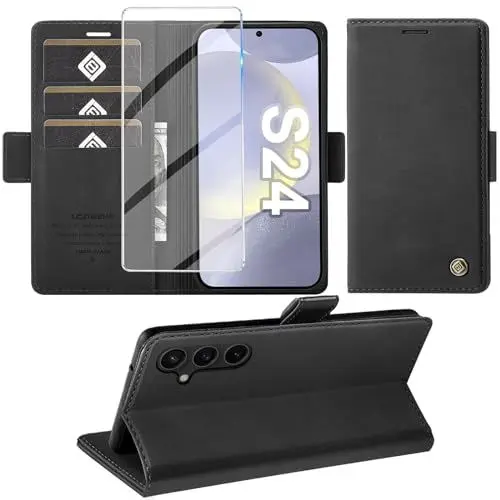 Produktbild: Giyer Handyhülle für Samsung Galaxy S24 5G Hülle mit Schutzfolie, Schutzhülle Galaxy S24 5G PU Leder Wallet Flip Case Standfunktion Kartenfach Klapphülle für Samsung S24 Full Cover (Schwarz)