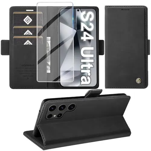 Produktbild: Giyer Handyhülle für Samsung Galaxy S24 Ultra Hülle mit Schutzfolie, Schutzhülle Galaxy S24 Ultra 5G PU Leder Wallet Flip Case Standfunktion Kartenfach Klapphülle für Samsung S24 Ultra Cover (Schwarz)